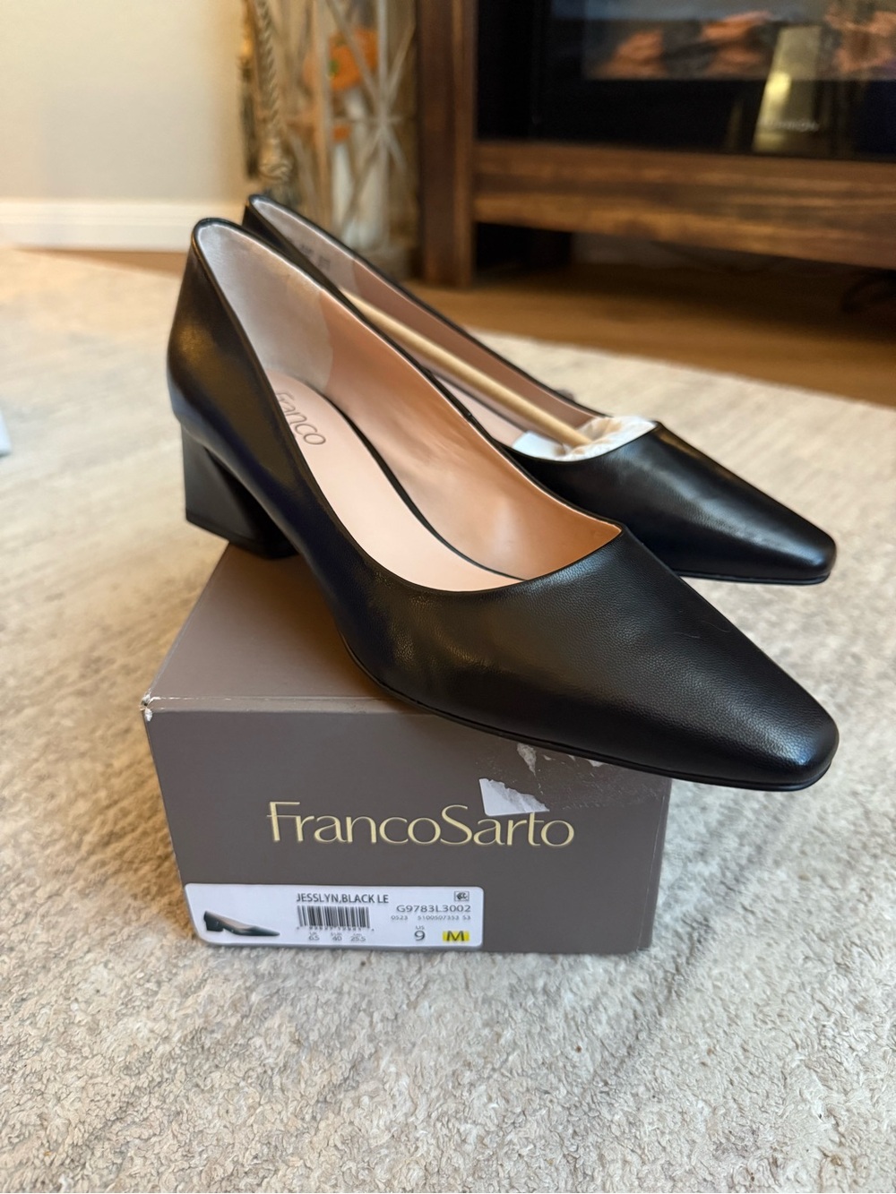 Franco Sarto Black Leather Pointed Mid Block Heel Pumps